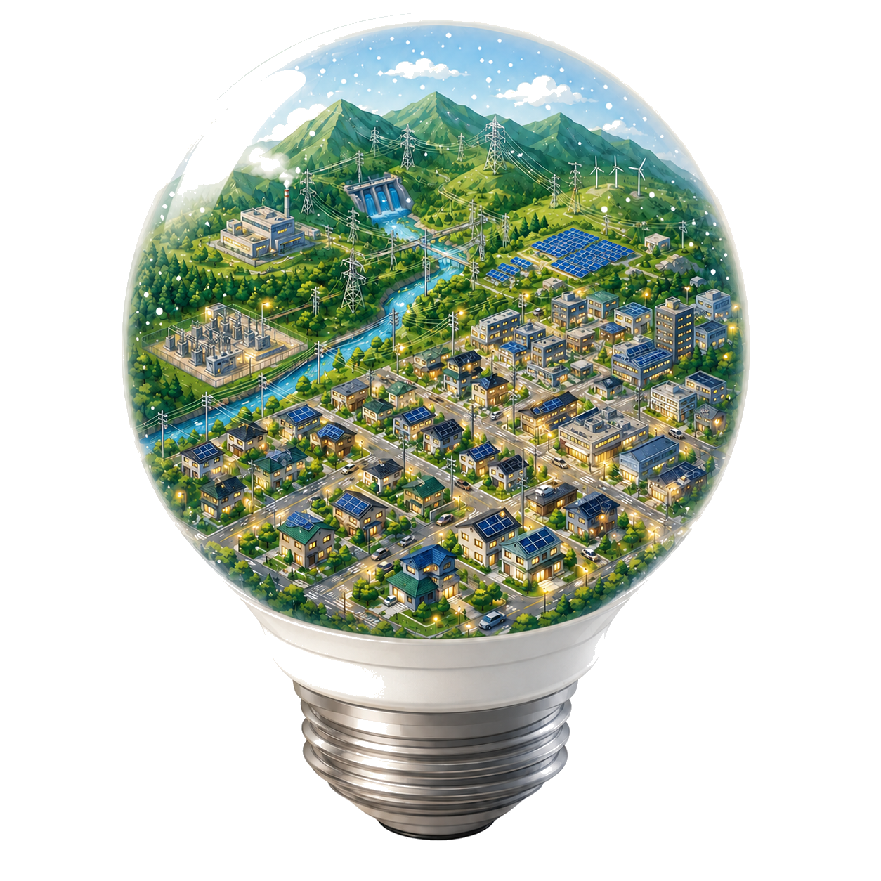 LED電球の中に、変電所・送電鉄塔・太陽光の住宅・工場がある街のイラスト