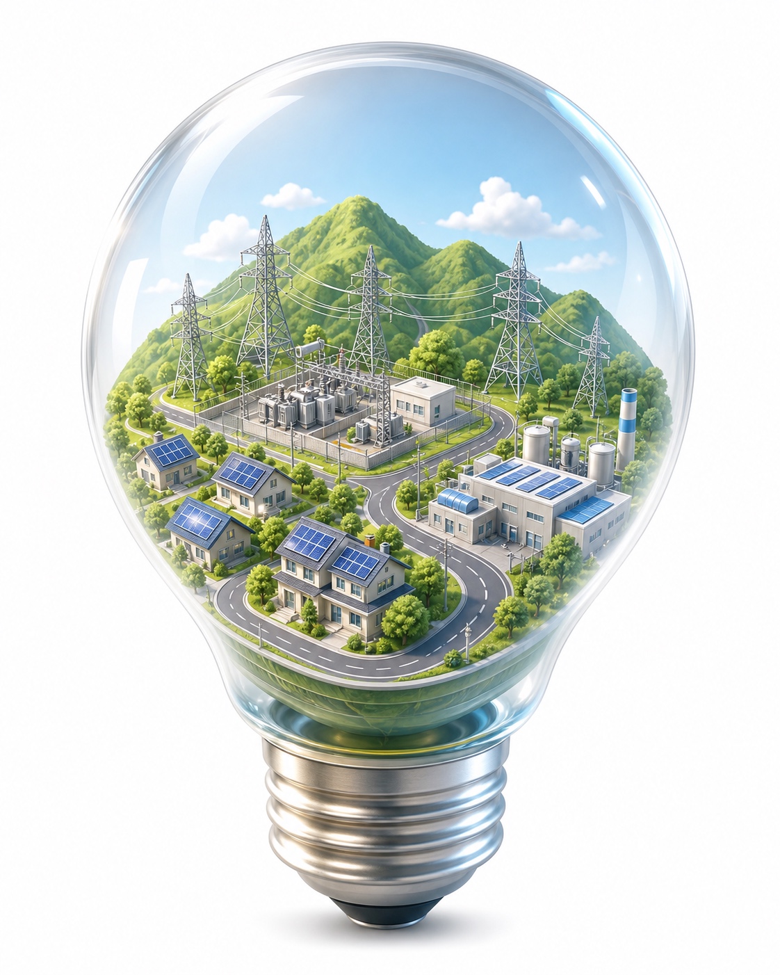 電球の中に、変電所・送電鉄塔・太陽光の住宅・工場がある街のイラスト